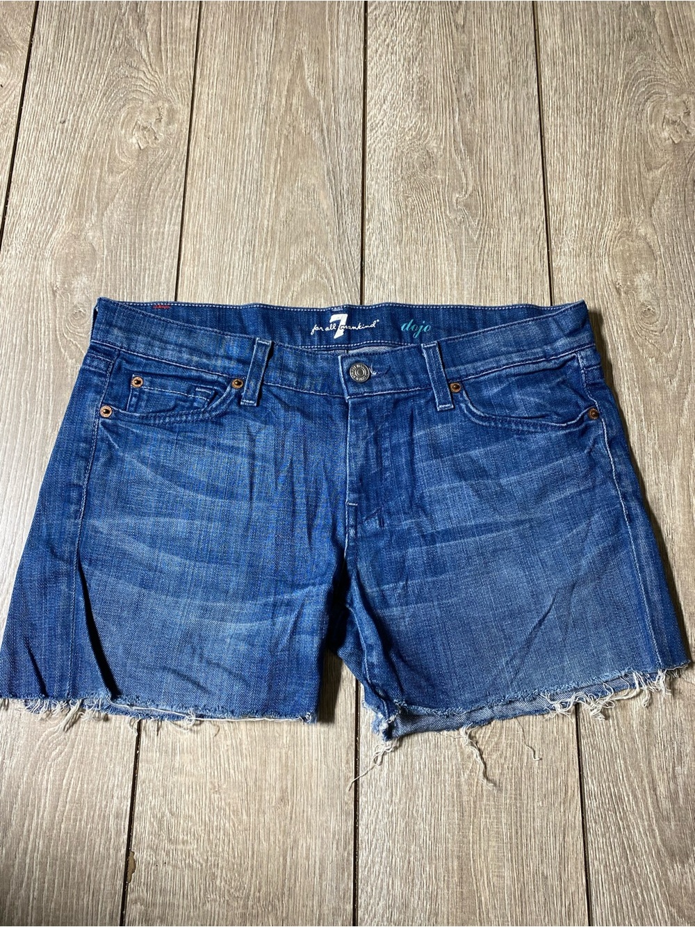 7 For All Mankind Dojo Low Rise Cut Off Denim Shorts Frayed Raw Hem Wash 28 (6)